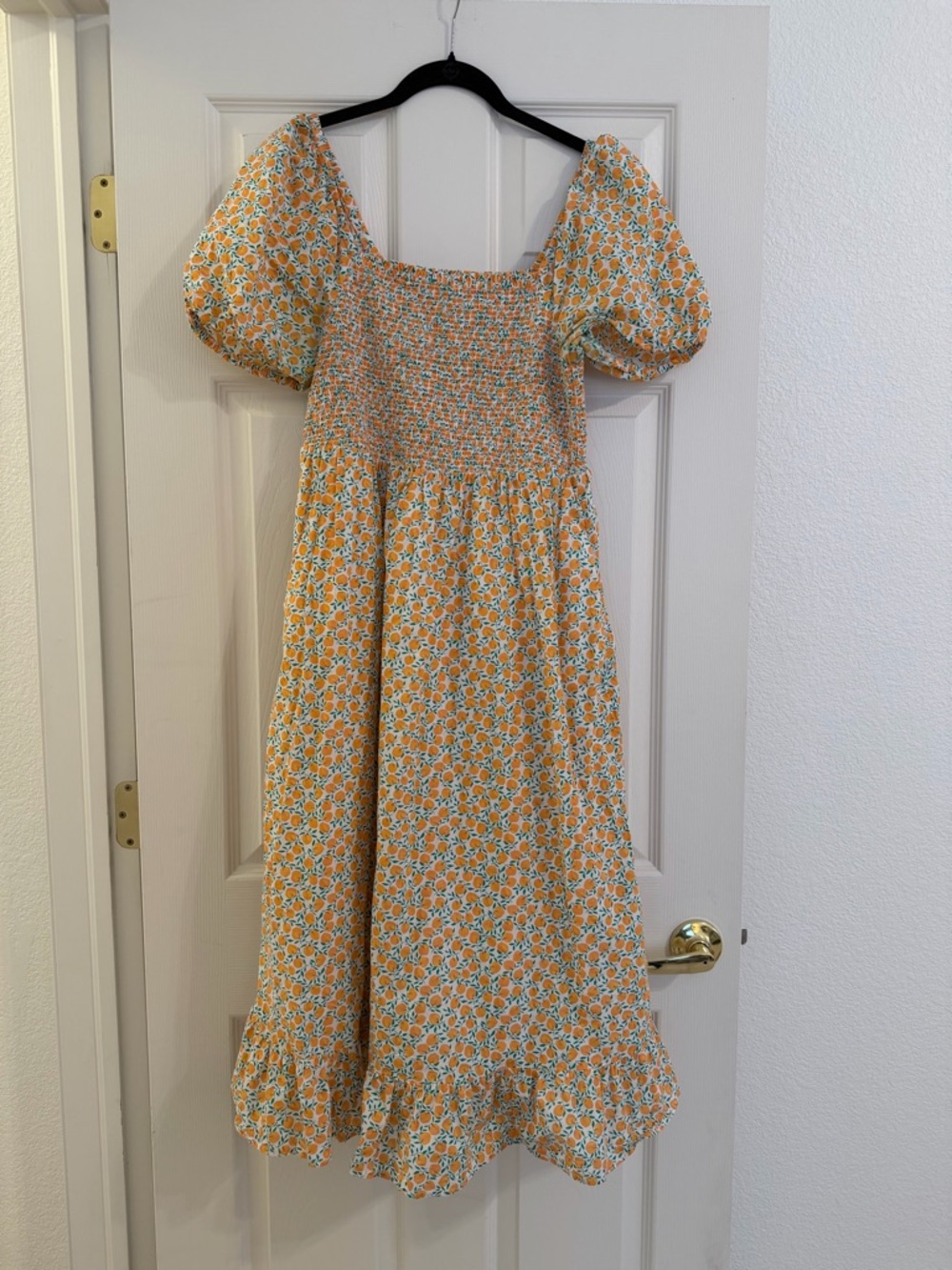 J Crew Smocked Puff Sleeve Midi Dress in Yellow Floral